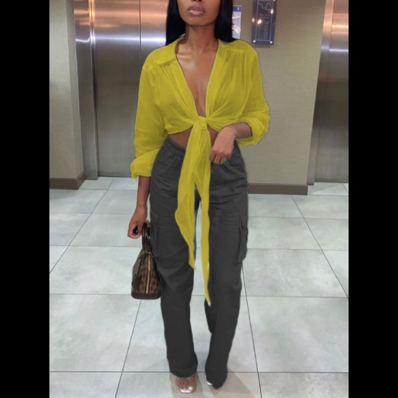 Mustard Yellow Turn down Collar Button Down Tie Front Blouse - Picture 1 of 3